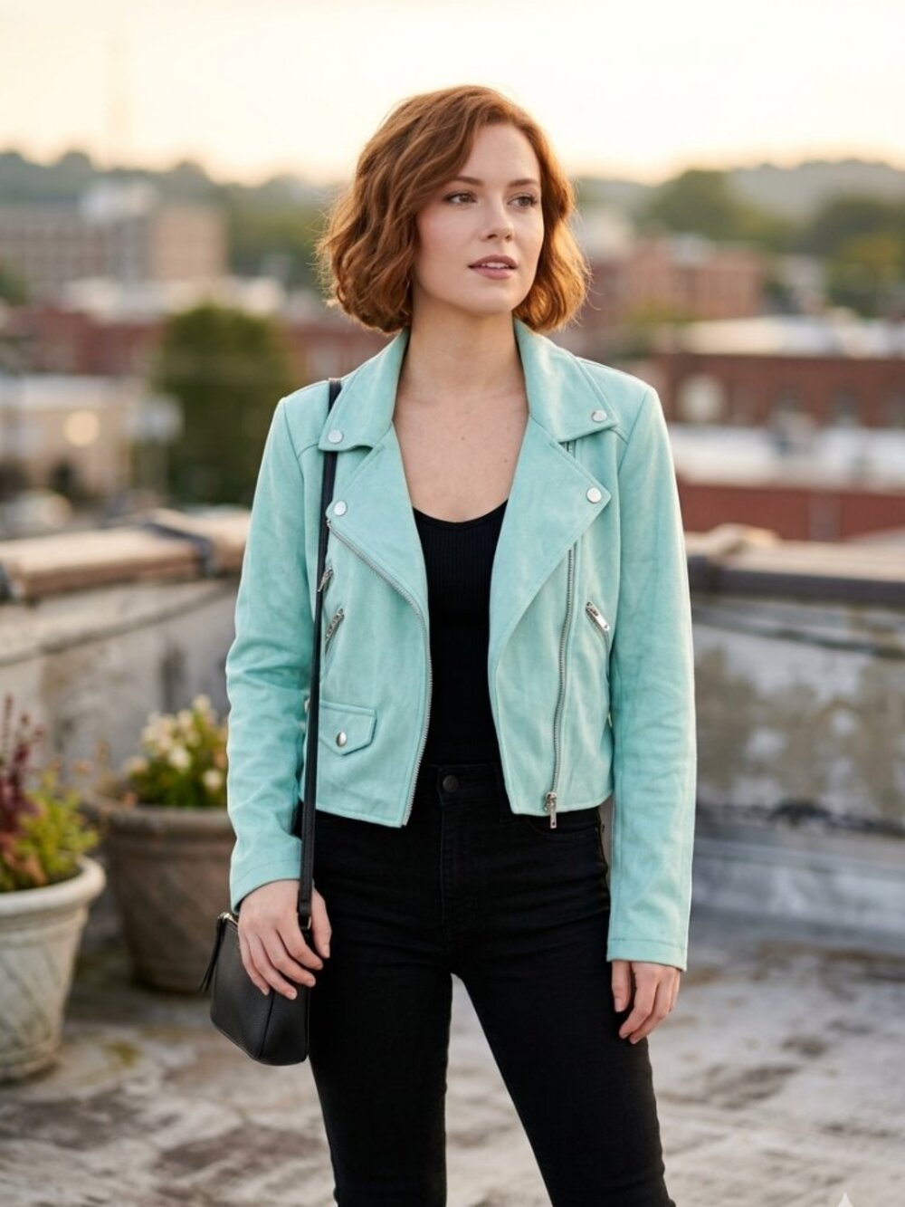 NWT ASOS Petite Faux Suede Moto Jacket Size 4‎ Mint Teal Silver Hardware Cropped